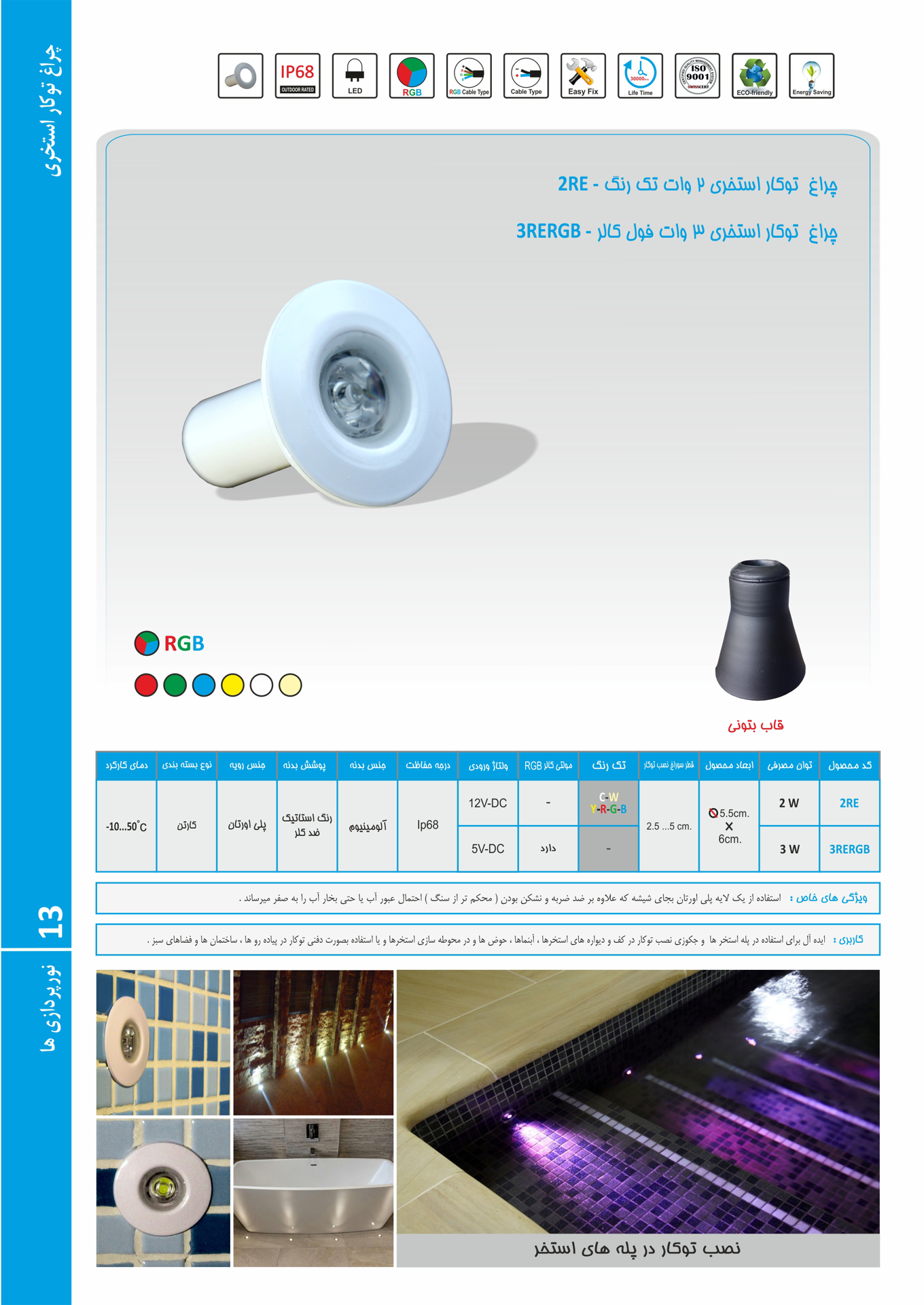 چراغ توکار استخری تک رنگ مدل 2RE عکس شماره 5