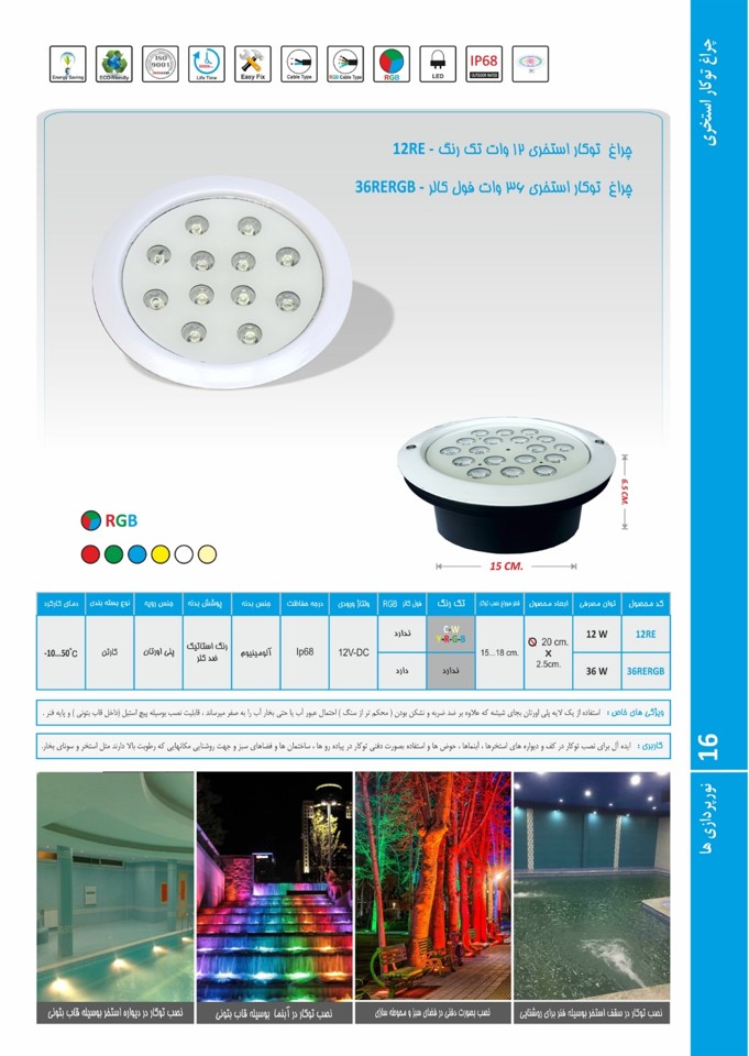 چراغ توکار استخری فول کالر مدل 36RERGB عکس شماره 2